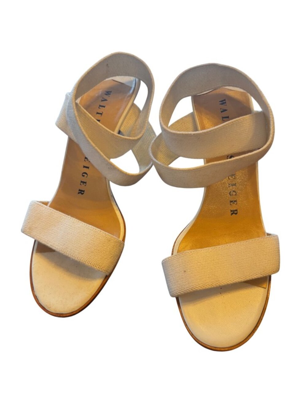 Vintage Walter Steiger Womens Beige Canvas Open Toe Kitten Heel Sandals Size 8